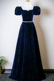 A Line Navy Blue Velvet Short Sleeves Long Prom Dress, Wedding Party Dress HZ0527