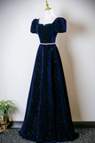 A Line Navy Blue Velvet Short Sleeves Long Prom Dress, Wedding Party Dress HZ0527