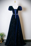 A Line Navy Blue Velvet Short Sleeves Long Prom Dress, Wedding Party Dress HZ0527
