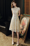 Light Champagne Lace High Neckline Wedding Party Dress, Homecoming Dress HZ0527