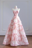 Pink Sequins Long A Line Prom Dress, Beautiful Strapless Evening Party Dress HZ0527