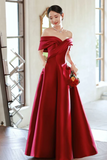 A Line Wine Red Satin Floor Length Party Dress, Off Shoulder Prom Dress HZ0527
