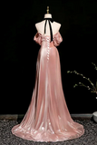 Off Shoulder Pink A Line Long Evening Dress with Leg Slit, Long Prom Dress HZ0527