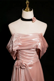 Off Shoulder Pink A Line Long Evening Dress with Leg Slit, Long Prom Dress HZ0527