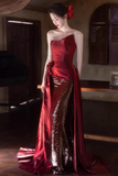Wine Red Satin and Sequins Long Strapless Party Dress, Evening Dress HZ0527