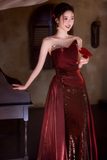 Wine Red Satin and Sequins Long Strapless Party Dress, Evening Dress HZ0527