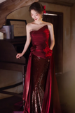 Wine Red Satin and Sequins Long Strapless Party Dress, Evening Dress HZ0527