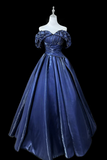 A Line Off Shoulder Satin Dark Blue Long Prom Dress, Long Formal Dress HZ0527
