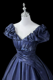 A Line Off Shoulder Satin Dark Blue Long Prom Dress, Long Formal Dress HZ0527