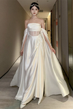 White Satin Off Shoulder Wedding Party Dress, A Line Long Evening Prom Dress HZ0527