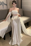 White Satin Off Shoulder Wedding Party Dress, A Line Long Evening Prom Dress HZ0527
