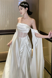 White Satin Off Shoulder Wedding Party Dress, A Line Long Evening Prom Dress HZ0527
