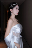 White Satin Off Shoulder Wedding Party Dress, A Line Long Evening Prom Dress HZ0527