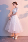 White Tulle Short Sleeves Tea Length Wedding Party Dress, Party Dress HZ0527