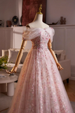 Beautiful Pink Beading Appliques Prom Dress, A Line Off the Shoulder Evening Dress HZ0527