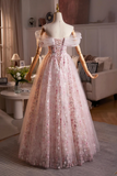 Beautiful Pink Beading Appliques Prom Dress, A Line Off the Shoulder Evening Dress HZ0527