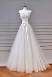 A Line Tulle Lace Ivory Long Prom Dress, Ivory Long Formal Dress HZ0527