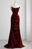 Wine Red Velvet Mermaid Straps Long Formal Dress, Floor Off Shoulder Prom Dress HZ0527