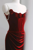 Wine Red Velvet Mermaid Straps Long Formal Dress, Floor Off Shoulder Prom Dress HZ0527