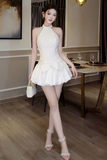 A Line White Halter Short Prom Dress, Birthday Party Homecoming Dress HZ0527