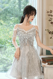 Gray Tulle Sequins Short Prom Dress, A Line Knee Length Party Dress HZ0527