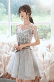 Gray Tulle Sequins Short Prom Dress, A Line Knee Length Party Dress HZ0527