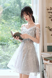 Gray Tulle Sequins Short Prom Dress, A Line Knee Length Party Dress HZ0527