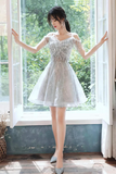 Gray Tulle Sequins Short Prom Dress, A Line Knee Length Party Dress HZ0527