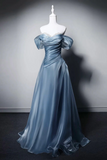 A Line Sweetheart Neck Organza Floor Length Blue Prom Dress with Beads HZ0527