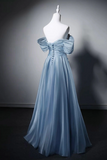 A Line Sweetheart Neck Organza Floor Length Blue Prom Dress with Beads HZ0527