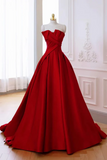 Red Satin A Line Prom Dress Evening Dress, Strapless Party Formal Dress HZ0527
