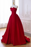 Red Satin A Line Prom Dress Evening Dress, Strapless Party Formal Dress HZ0527