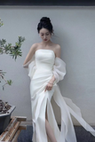 Elegant White Strapless Prom Dress, High Slit Fairy Wedding Guest Maxi Dress HZ0527