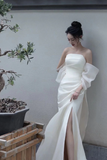 Elegant White Strapless Prom Dress, High Slit Fairy Wedding Guest Maxi Dress HZ0527