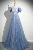 Elegant Blue Embroidery Prom Gown Floor Length Tulle Formal Dress HZ0527