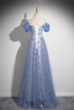 Elegant Blue Embroidery Prom Gown Floor Length Tulle Formal Dress HZ0527