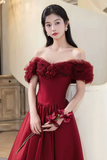 A Line Off Shoulder Satin Tulle Burgundy Long Prom Dress HZ0527