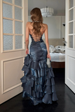 Mermaid V Neck Ruffles Floor Length Gray Blue Party Prom Dress HZ0527