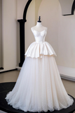 Light Champagne Satin Ball Gown with Polka Dot, Tulle Prom Dress HZ0527