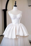 Light Champagne Satin Ball Gown with Polka Dot, Tulle Prom Dress HZ0527