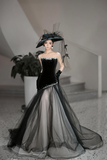 Black Velvet Tulle Evening Gown with Beaded Strapless Bodice, Vintage Inspired Formal Dress HZ0527