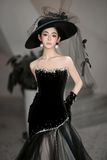 Black Velvet Tulle Evening Gown with Beaded Strapless Bodice, Vintage Inspired Formal Dress HZ0527