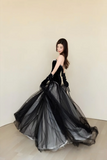 Black Velvet Tulle Evening Gown with Beaded Strapless Bodice, Vintage Inspired Formal Dress HZ0527