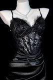 Sexy Spaghetti Strap Ruched Formal Prom Dress, Black Satin Evening Gown with High Slit HZ0527