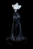 Sexy Spaghetti Strap Ruched Formal Prom Dress, Black Satin Evening Gown with High Slit HZ0527
