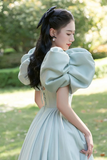 Light Green Satin Long A Line Princess Dress, Cute Short Puff Sleeves Evening Party Dress HZ0527