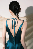 Elegant V Neck Satin Long Prom Dress, Blue A Line Evening Party Dress HZ0527