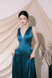 Elegant V Neck Satin Long Prom Dress, Blue A Line Evening Party Dress HZ0527