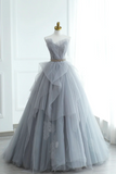 Gray Strapless Tulle Lace Long Prom Dress, A Line Evening Party Dress HZ0527