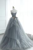 Gray Strapless Tulle Lace Long Prom Dress, A Line Evening Party Dress HZ0527